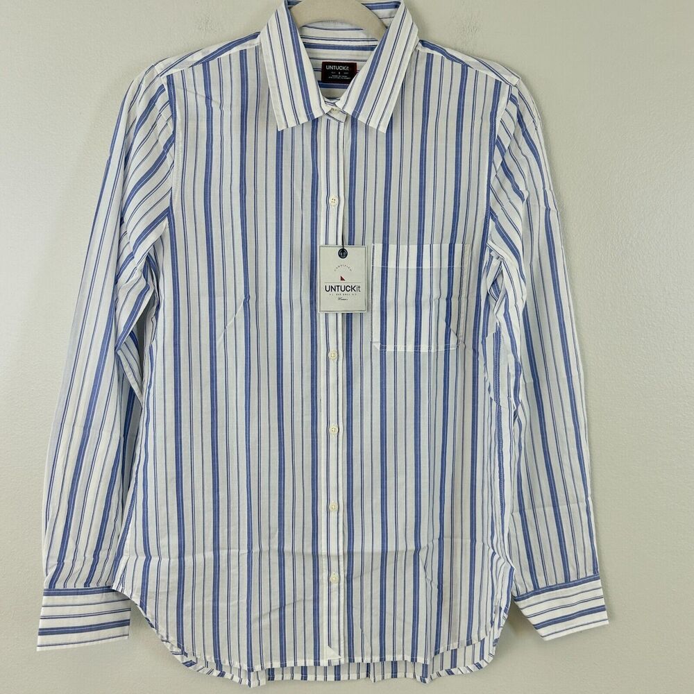 Untuckit Pinot Perse Shirt Womens 4 Striped Blue White Long Sleeve Button‎ Up